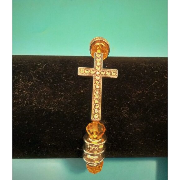 Silver Gold Rhinestone Cross Bracelet Crystal Beaded stretch Easter 7 in - Picture 2 of 5